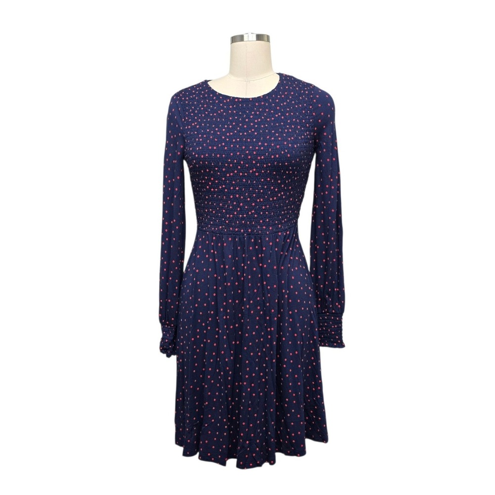 Boden Navy Red Polka Dot Smocked Jersey Fit and Flare Dress Size US 4R J0776
